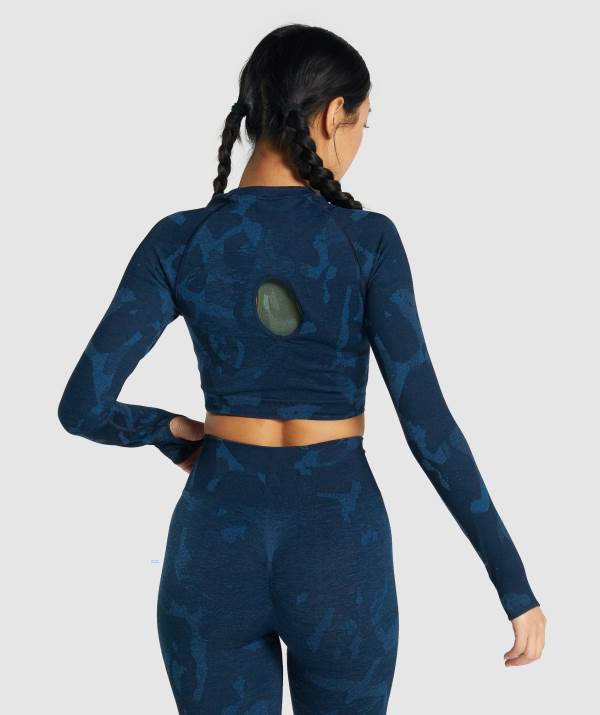Damske Crop Top Gymshark Adapt Camo Seamless Long Sleeve Námornícka Modrá | FD4690257